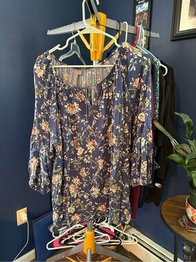 Navy Floral Peasant Blouse